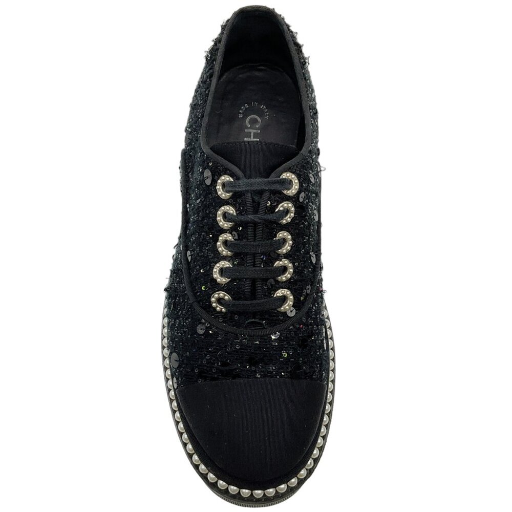 Chanel Black Sequined Lace Up Oxfords with Pearls - Picture 4 of 6